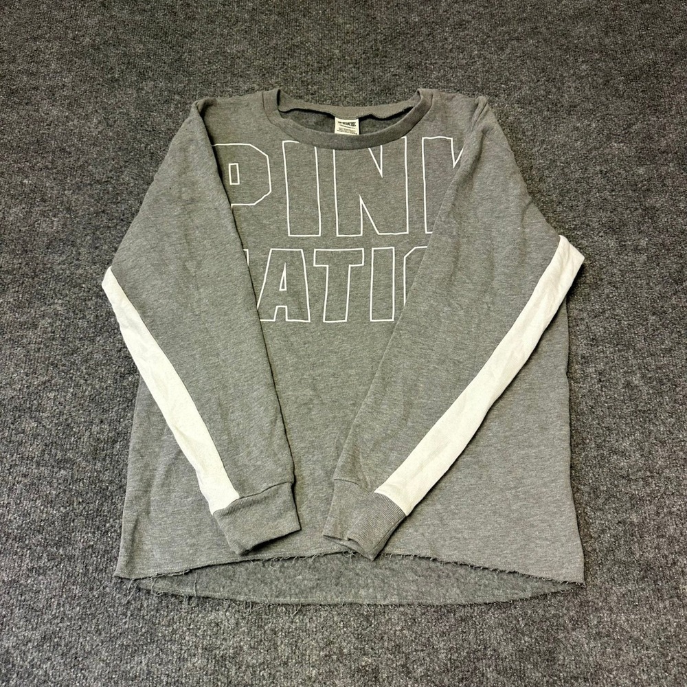 PINK Sweatshirt Womens Size XS Gray Nation Graphic Side Stripe Raw Hem Crewneck